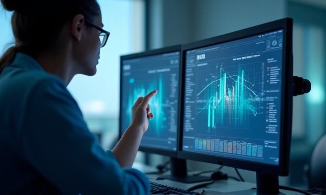 En person som analyserar data på en skärm.